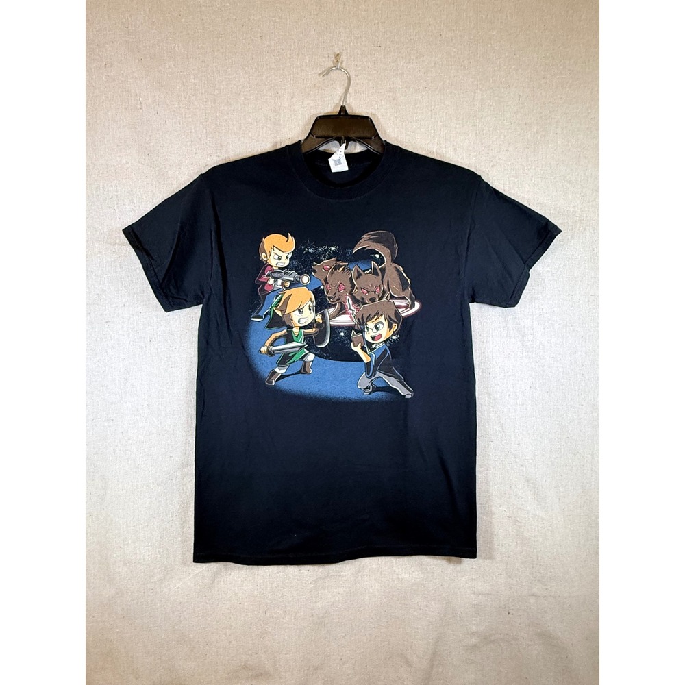 Gildan Heavy Cotton Black Graphic Tee Cartoon Battle Scene Mens Medium
